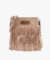 Wrangler Vintage Floral Fringe Crossbody Bag Khaki — synthetic leather with vintage floral embossing and fringe detail
